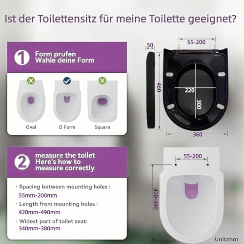 Toilettendeckel mit Absenkautomatik 46x36 cm, WC Sitz aus Duroplast, mit Antibakterieller Oberfläche, D-Form, mit Quick-Release, Universal, Weiß