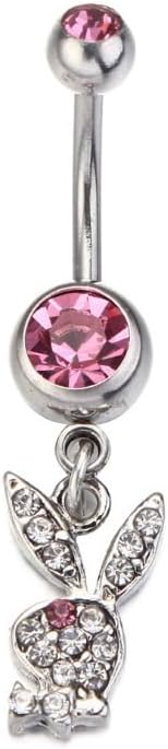 Stainless Steel Pink Bunny Belly Button Ring Multi Rhinestone Paved 316L Surgical Steel Rabbit Navel Belly Button Ring