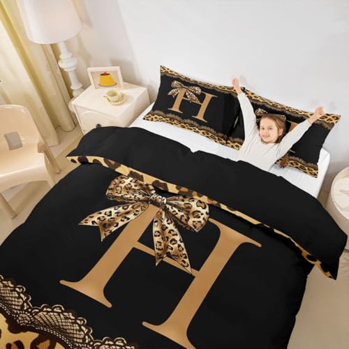 Housse de couette microfibre bowknot léopard imprimé initial H