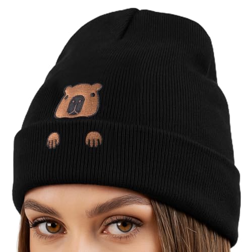 Chicingyou Capybara Hat Beanie Gifts for Women Men Capybara Lover Embroidered Knit Winter Hat for Birthday Gift(Black)