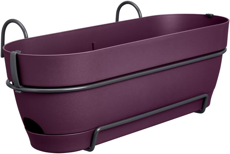 elho Vibia Campana Allin1 50 Balcony Box with Water Reservoir, Flower Pot, Balcony Railing, 100% Recycled Plastic, Diameter 50.4 x Height 17.7 cm, Purple/Maple Purple