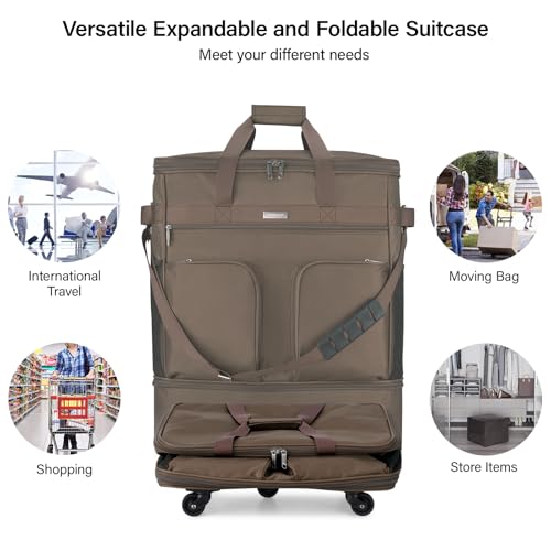 Image of Hanke Suitcases with Wheels Expandable Foldable Luggage Bag Suitcase Collapsible Rolling Travel Bag Duffel Bag for Men Women Lightweight Suitcases without Telescoping Handle, Coffee Upgrade Version 2