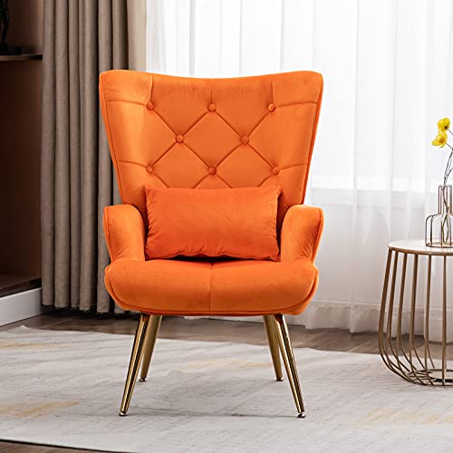 Artechworks Velvet Buttoned Accent Arm Chair With Golden Legs & Pillow, High Back Living Room Bedroom Chairs, Modern Leisure Chair For Living/Dining/Lounge Room,Office,Orange Color #TOP6