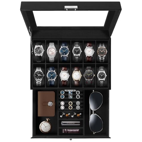 Image of Uten 12-Slot Watch Box, 2-Layers PU Leather Watch Case with Glass Lid, Watch Holder Organizer with Soft Pillow and Velvet Lining, Watch and Jewelry Storage Box, Black