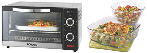 Borosil Prima 10 L OTG, with 3 Cooking Modes, 1000 W, Silver & Borosil – Glass Mixing Bowl and Square Dish with Lid Set, 2-Pieces, Transparent