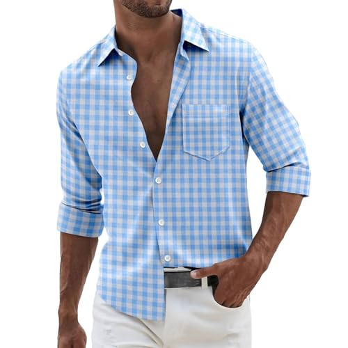 Camisas de manga larga con botones para hombre, camisa a cuadros de manga larga para hombre, blusa deportiva transpirable y ligera, parte superior de tela elástica cómoda, perfecta para uso diario en