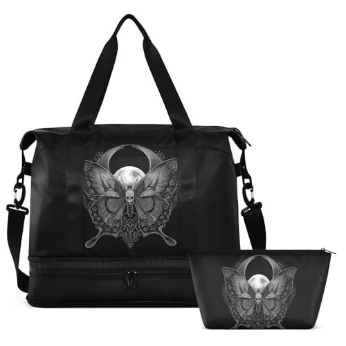 Butterfly Skull Gray Travel Duffel Bag for Women Men Gym Bag with Shoe Compartment Wet Pocket Carry On Weekender Overnight Bags for Travel Hospital Gym
