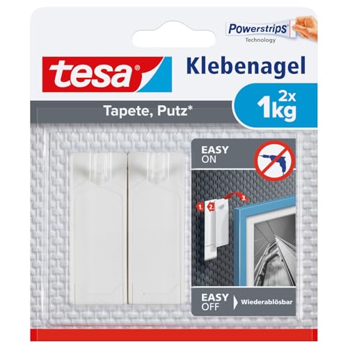 tesa Clou Adhésif pour Papier Peint & Plâtre 1kg - Paquet de 2 Clous Adhésifs et 6 Languettes Adhésives