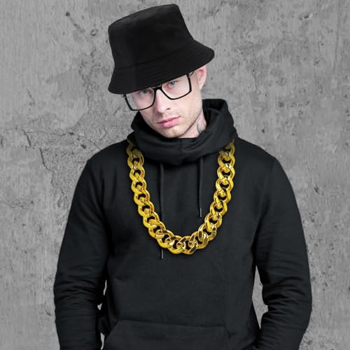 ONUPGO Hip Hop Costume Kit 80s/90s Rapper Accessories Bucket Hat Sunglasses Gold Chain Necklace Outfit for Men Women - Thumbnail 3