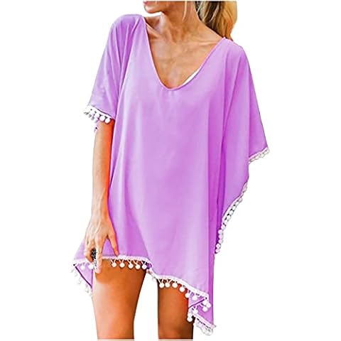 and Swimsuit Swimwear Tassels Bikini Trim Women's Loose Up Chiffon Cover Kaftan Tops Beach Swimwears Tankinis Set Swimsuit with Shorts and Sleeves Purple Cover