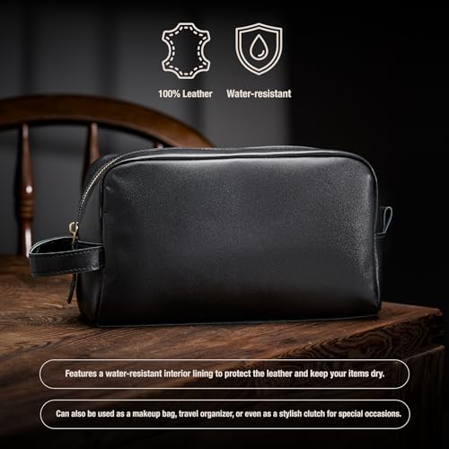 Awesometik Mens Travel Bag Toiletries Organizer Case for Grooming, Toiletry Bag for Men, Travel Essentials Shaving Dopp Kit, Geniune Leather Water Resistant Cosmetic Bag Pouch (Black)3
