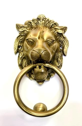 Image of Brass Lion Door Knocker (Lion Face Design) 7.5 inch x 4 inch | Door Knocker for Main Door, Hotel Door, Main Gates | Heavy Duty Brass Lion Door Knocker with Screws (Golden (Pack of 1)) (Large)