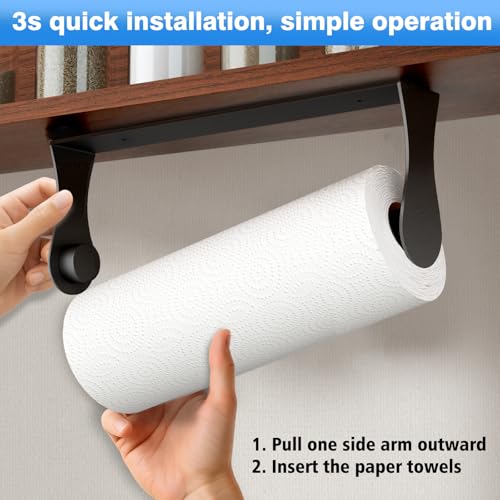 Image of Paper Towel Holder Under Cabinet, Adhesive or Screw Mount, Fits Standard & Mega Rolls, Wall Mount Rack for Kitchen, Bathroom, RV, Black