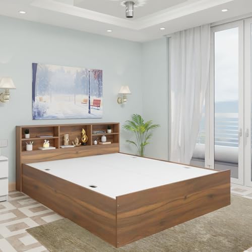 Image of VIKI Hydraulic Shelf King Size Bed with Storage (70x80) | Engineered Wood Hydraulic Lift Bed Frame | Wooden Storage Cot for Bedroom | Brussel Walnut | Free Assembly | 1 Year Warranty
