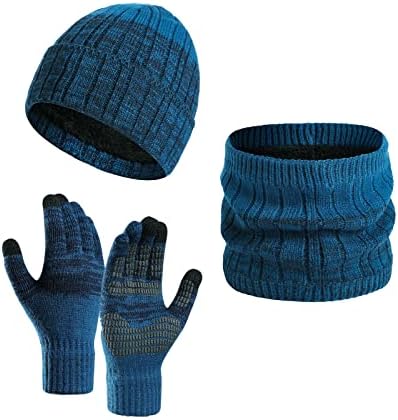 RANOME Winter Hat Scarf Glove Set Men Warm Knitted 3Pcs Beanies Mittens Neck Warmer Women Fleece Lining Hats Cold Weather(BLUE)