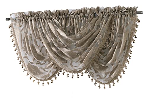 Regal Home Collections Milawi Decorative Clipped Sheer Valance - Waterfall Valance for Windows with Decorative Overlay - Elegant Curtain Valance for Windows (57in W x 37in L, Brown)