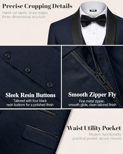 Image of MY'S Mens 3 Piece Tuxedo Set with Bow Tie, Shawl Lapel One Button Jacket Vest & Pants, Slim Fit Suit Prom Party Wedding Tux
