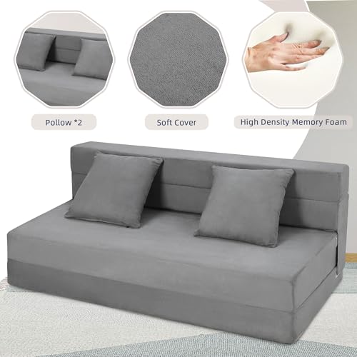Takewep Convertible Folding Sofa Bed, Futon Sleeper Chair with Pillow, High-Density Memory Foam Sofa Bed, Foldable Mattress for Living Room/Dorm/Apartment, Queen Size, Gray by Takywep - Used condition - Image 3