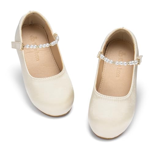 THEE BRON Flower Girl Shoes for Weddings Pearl Ballet Flats with Adjustable Bows & Soft Sole(AF402 Toddler,Ivory/7M)