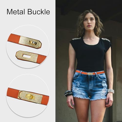 Women's Skinny Leather Belt With Adjustable Gold Alloy Turn-lock Rhinestione Buckle For Dresses,Jeans3