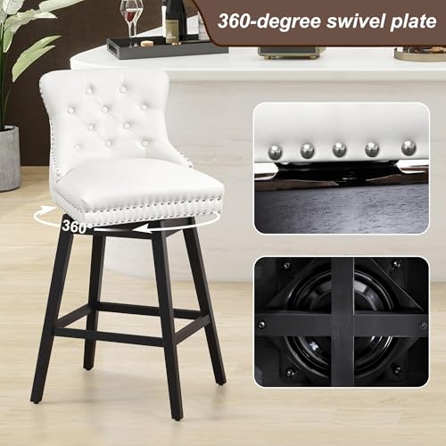 Image of White Leather Swivel Bar Stools Set of 2 with Back, 26 Inch Counter Height Chairs, Solid Wood Legs, Tufted Seat, Comfortable and Stylish for Kitchen, Island, Home Bar(White, 2 Pack, 26 inch H)
