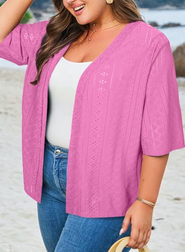 Image of Eytino Plus Size Cardigan for Women Half Sleeve Knitted Jacquard Summer Kimono Cover up Tops(1X-5X)