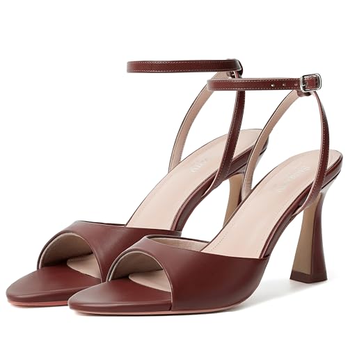 Susanny Brown Heels for Women Pointed Open Toe Strappy Chunky Block High Heels Ankle Strap Stiletto Kitten Heeled Sandals Wedding Bridal Party Prom Sexy Dress Shoes 8