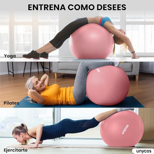 Miniatura 4 de Unycos - Pelota De Pilates, Gimnasia, Yoga, Fitness Y Embarazo, Fitball Antideslizante Y Anti-Burst 65 Cm De Pvc Extra Grueso, Resistencia De 300 Kg, Incluye Hinchador Rosa Claro Con Logo