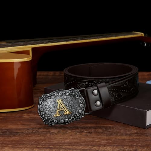 Image of Mens Western Cowboy Cowgirl Faux Leather Belt Longhorn Bull Pattern Letter Big Buckle Embossed Floral Belts