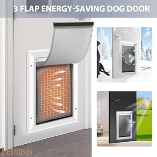 [Petoasis] 3-Flaps Heavy-Duty Dog Door, Rust Proof Aluminum Alloy Frame, Extreme Weather Dog Door Can Block Wind, Snow, and Rainwater Intrusion (Silvery White, XL for Door)