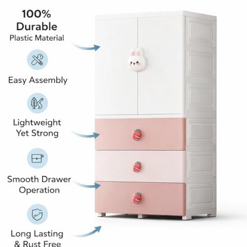 Image of AYSIS Kids Plastic Collapsible Wardrobe Organizer for Storage with Drawers | Cute Cartoon Design | Heavy Duty Cloth Organizer for Storage | Easy to Assemble | Perfect for Kids Room & Home | Pink