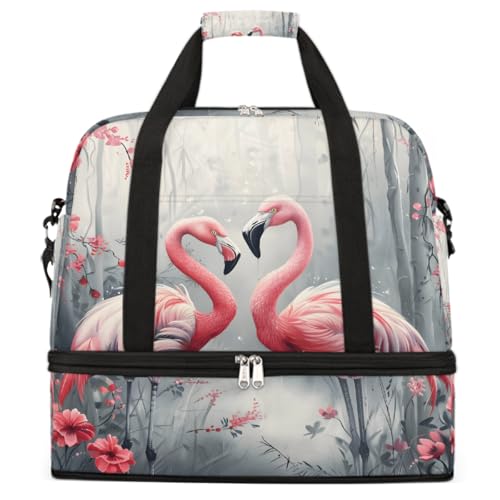 Sports Gym Bag Retro Flower Flamingo Large Travel Duffel Bag With Shoe Compartment Foldable Waterproof Carry-On Weekend Travel Bags for Camping Overnight Yoga Hospital Travel Bags