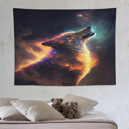 Tenture murale loup galaxie 3D grand tissu décoratif 150x200 pour habillage salon et chambre