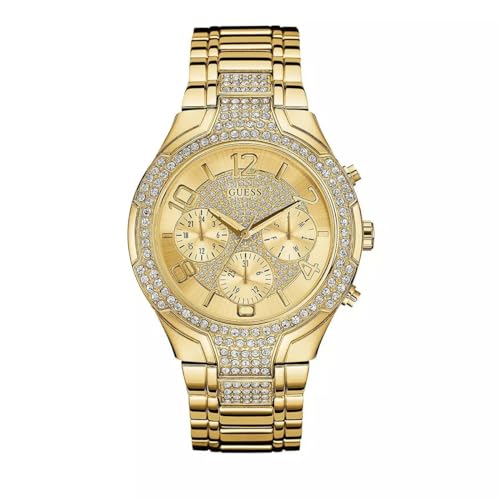 GUESS Women's Gold-Tone Stainless Steel Crystal Embellished Bracelet Watch with Day, Date + 24 Hour Military/Int'l Time. Color: Gold-Tone (Model: U0628L2)