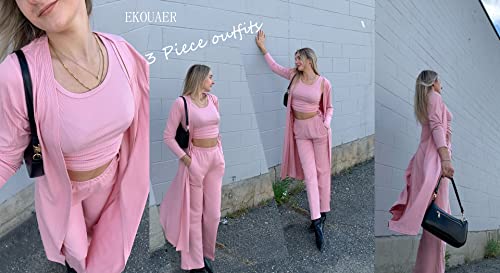 Image of Ekouaer Women's 3 Piece Lounge Set Pajama Long Sleeve Cardigan Sleeveless Top Pants Sweatsuit S-XXL