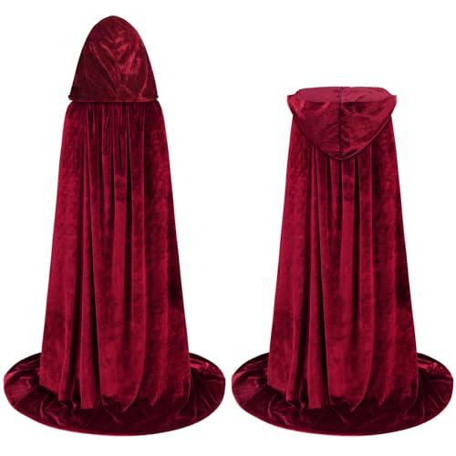 Image of Sarfel Hooded Cloak Velvet Cape with Hood Halloween Capes Women Witch Costume Vampire Cloak Wizard Robe Men Cosplay Costume, Wine Red, X-Large