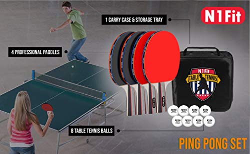Ping Pong Paddle Set - Includes 4 Player Rackets, 8 Professional Table Tennis Balls, Portable Storage Case For Indoor-Outdoor Play #TOP1