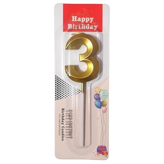Image of ToyUniverse Number 3 Metallic 3D Gold Candle for Third Birthday, Anniversary, Surprise Party Cake Decoration (Pack of 1)