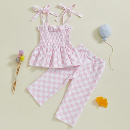 Image of Thorn Tree Toddler Girl Clothes Plaid Printed Sleeveless Pleated Camisole Linen Pants Set Baby Summer Outfits