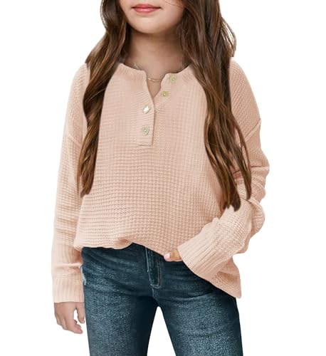 Image of rrhss Girls Waffle Knit Sweaters Trendy Henley Button V Neck Long Sleeve Pullover Jumper Tops