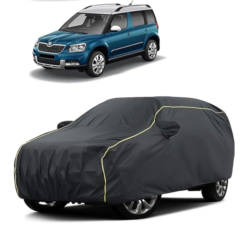 Image of Sulfar 100% Water Resistant Car Body Cover Compatible with Mirror for Skoda Yeti (Triple Stitched, Full Bottom Elastic, Dark Grey Taffeta with Yellow Piping)