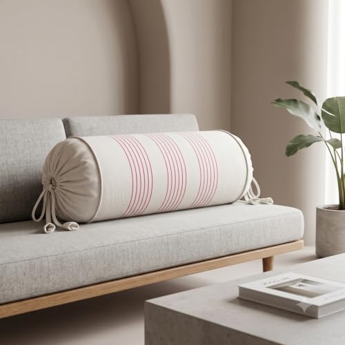 Image of SAJAVAT HOME 100% Cotton Striped Bolster Cover Pack of 2 15x30 | Textured Round Side Pillow Covers for Sofa, Bed & Diwan | Soft Breathable Bolster Pillow Covers | Beige with Red Pinstripe