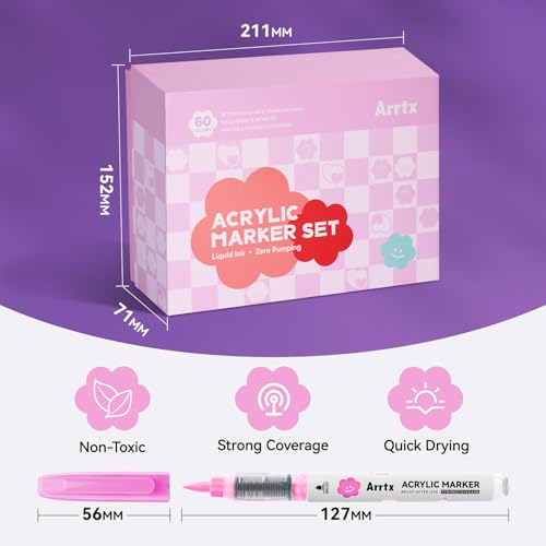 Arrtx 60 Colors Acrylic Markers - Brilliant & Vivid, Water-Based Quick-Dry Ink, Flexible Brush Tip, Waterproof After Drying, Non-Toxic, for DIY Project,Metal,Glass,Fabric,Plastic Multiple Surfaces by Arrtx - Image 6