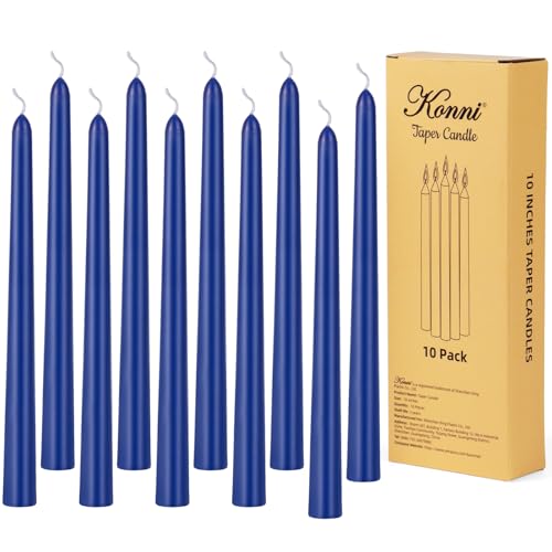 KONNI 0.87&times;10 Inch Blue Taper Candles, Unscented and Smokeless Tall Candlesticks, 10 Pack Tapered...