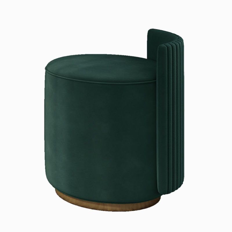 Silla redonda de maquillaje Vani con cómodo asiento de tela verde y patas estables de madera
