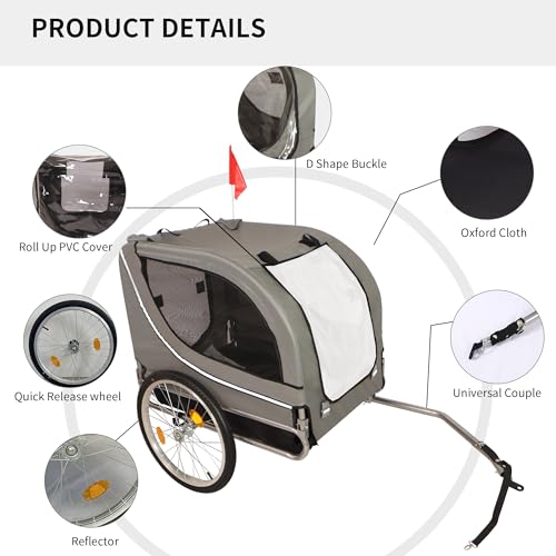 SPOWAY Dog Bike Trailer, Outdoor Folding Bike Trailer Supports up to 88 Lbs, Pet Bike Trailer with Quick Release Wheels Reflector and Safety Flag for Small and Large Pet, Gray