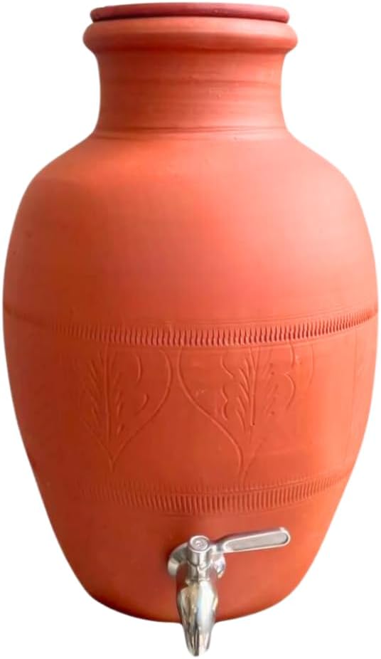 Handgefertigter Terrakotta-Rajasthani-Ton-Wassertopf aus Edelstahl 100 % umweltfreundlicher Erdspender Mitti ka Matka   8 l