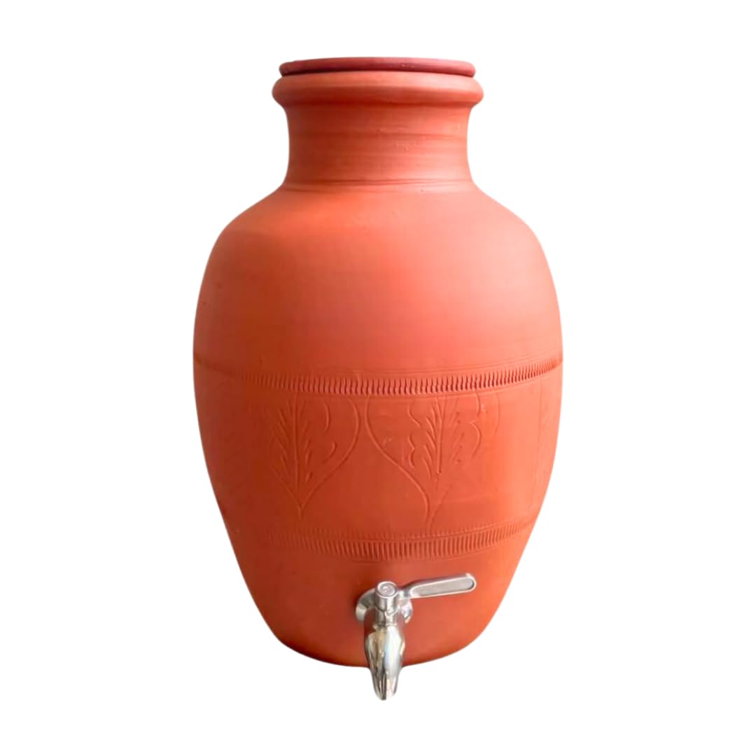 Pot d'eau fait main en terre cuite Rajasthani en acier inoxydable | Distributeur de terre 100 % écologique | Mitti ka Matka – 8 litres