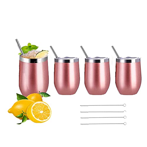 Smallterm 4Er Pack 12 Unzen Edelstahl Stemless Weinglas/Becher, mit 4 Strohhalmen Isolierter Thermischer Weinbecher mit Deckel für Kaffee Cover