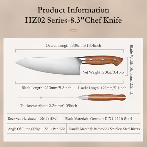 Hezhen Professional Japanese Chef Knife with Sheath - 8.3 Inch German High Carbon Stainless Steel, Ergonomic Handle - Image 5